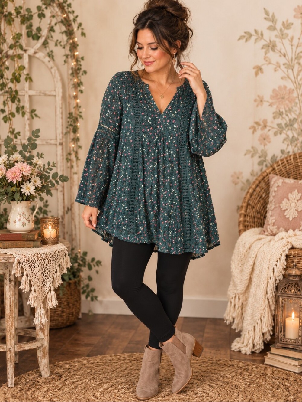 Knox Rose Womens Floral Embroidered Long Sleeve Tunic Top V-Neck Boho Whimsical